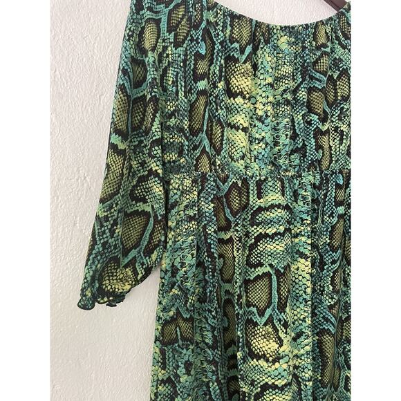 INC International Concepts Snake Print Green Y2K Mini Flounce Dress Sz Med Petit - Picture 12 of 12